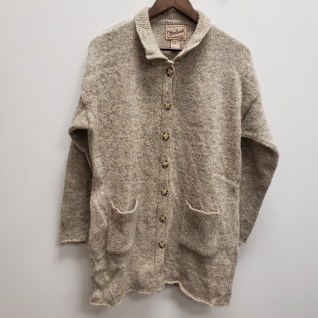 Vintage Woolrich Womens Button Up Wool Blend Sweater Size S Beige Collar Pockets